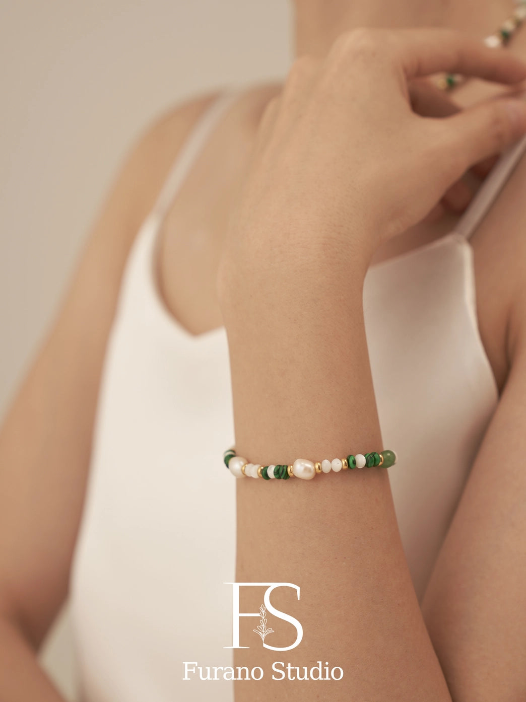 Pearl and Green Beaded Bracelet