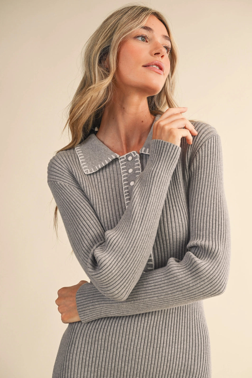 Ribbed Sweater Dress with Contrast Stitch