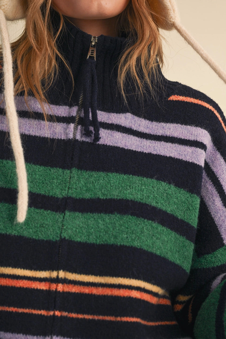 Striped Mock Neck Zip Up Cardigan