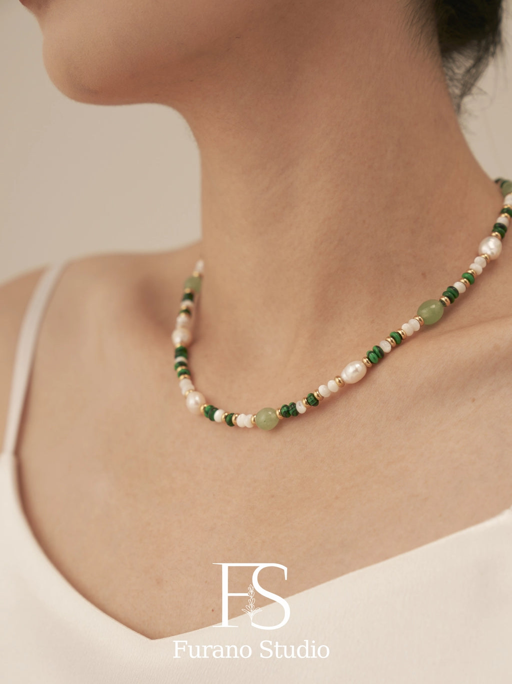 Pearl and Green Beaded Necklace