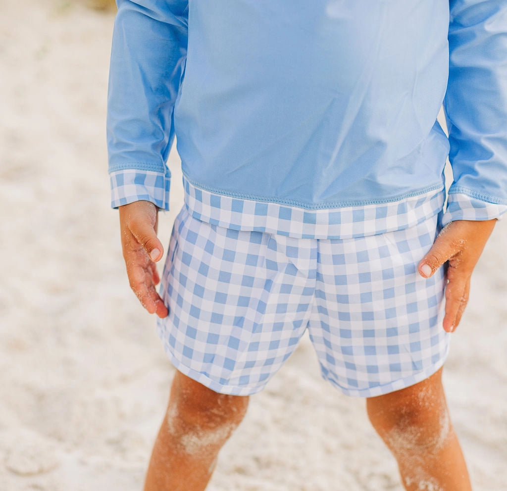 Boys Blue Gingham Swim Shorts