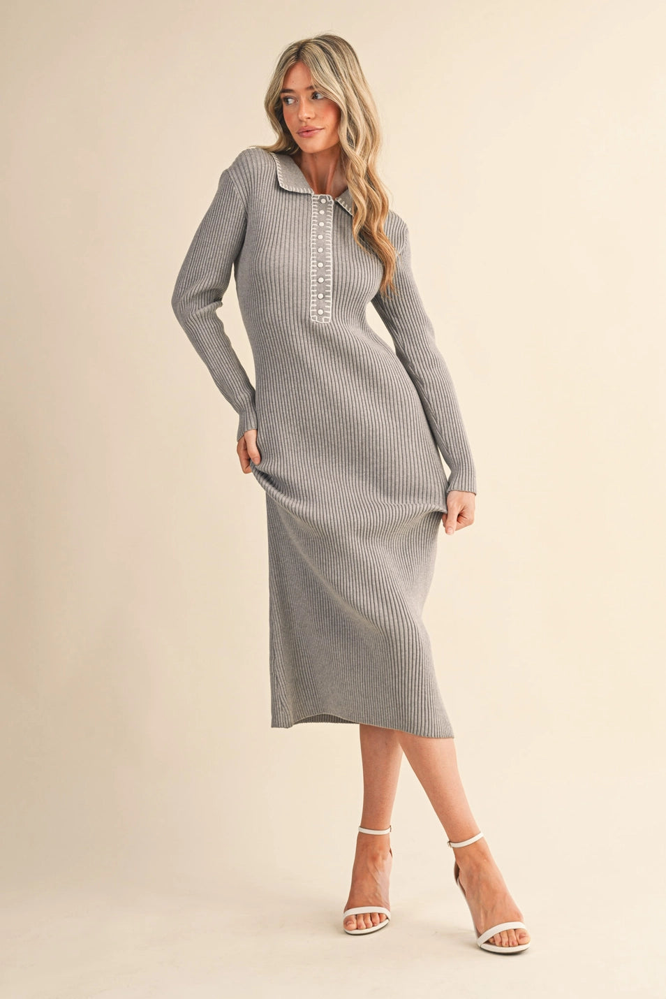 Ribbed Sweater Dress with Contrast Stitch