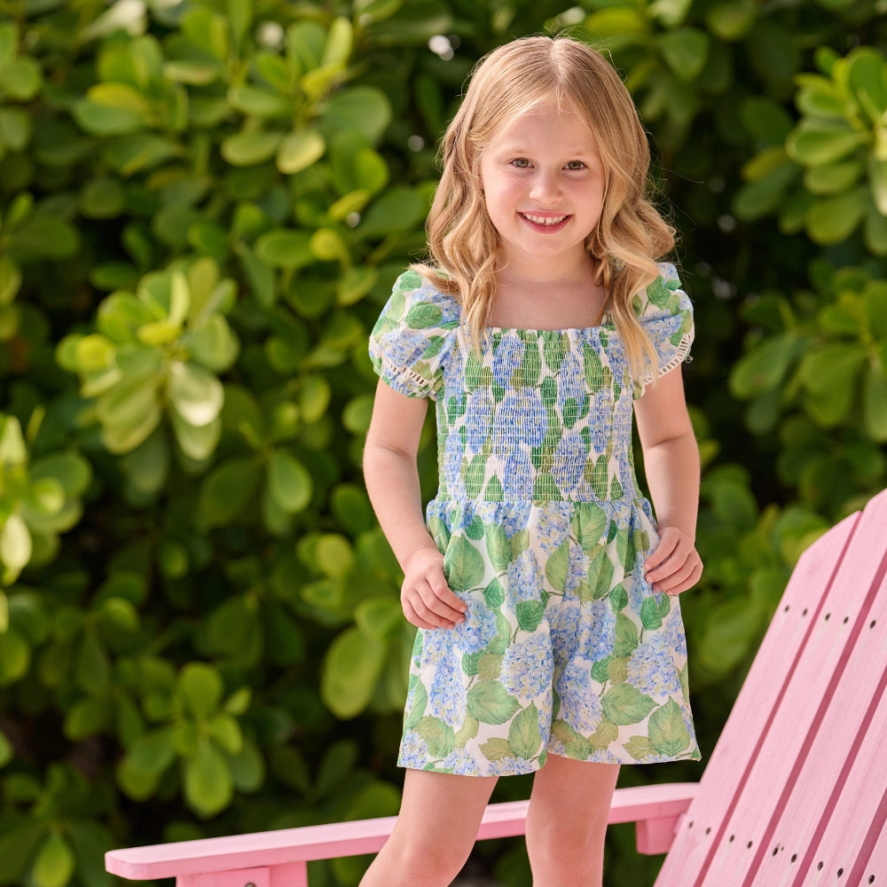 Girls Spring Smocked Romper - Blue Hydrangeas