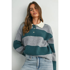 Buttoned Striped Collared Sweater